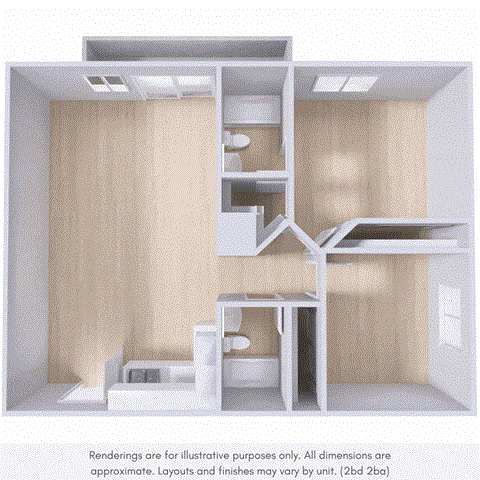 Floor plan for 2 beds, 2 baths, 950 sqft